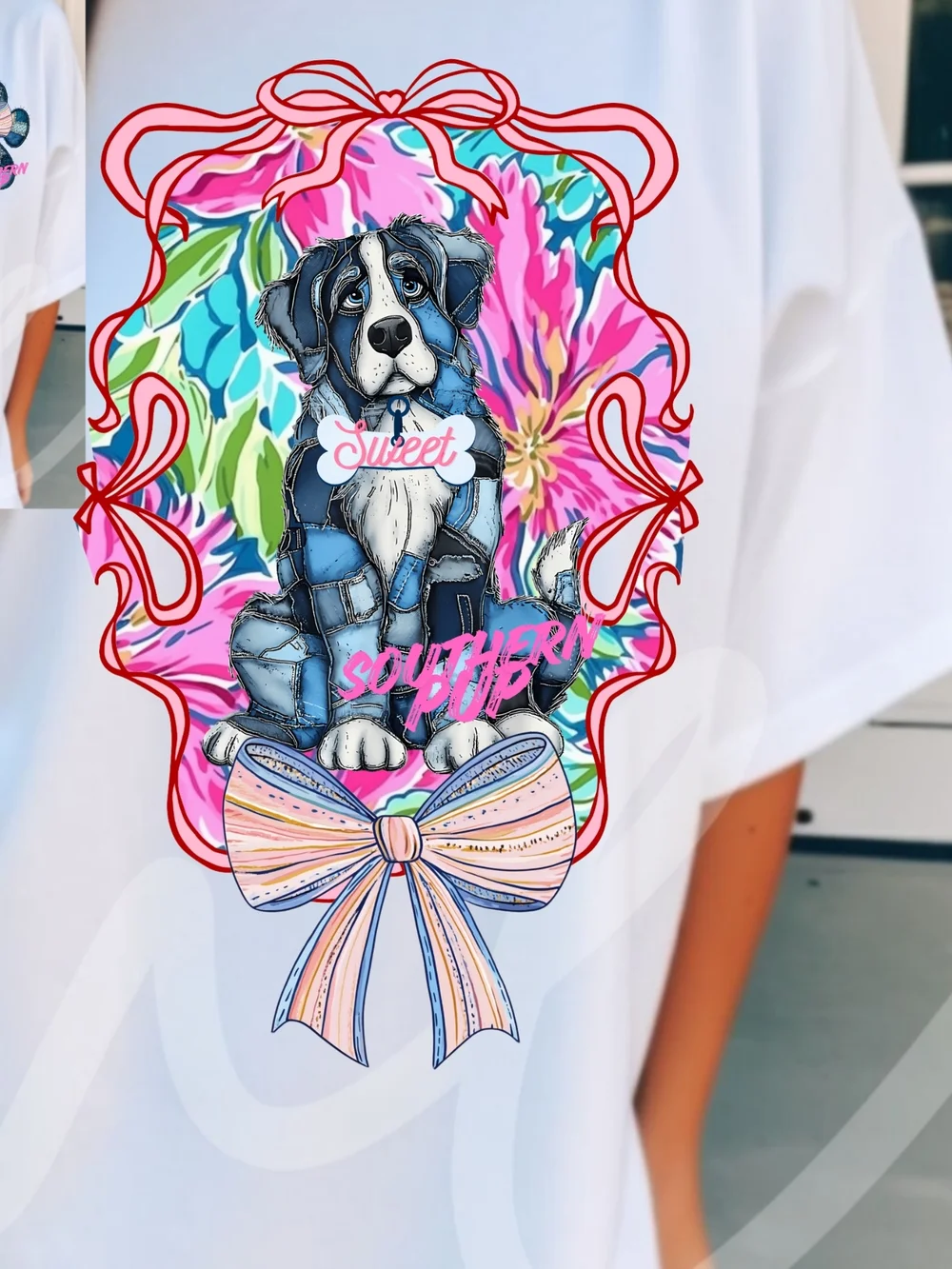 Gildan White Tee with Denim Patch Paw & Pastel Bow - Picture 6 of 16